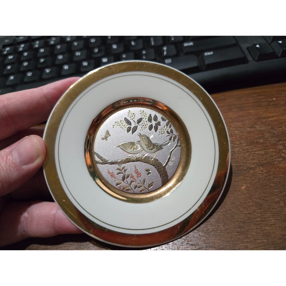 The Art Of Chokin 24k Gold Edged Decorative Plate bird, Flower & butterfly Japan